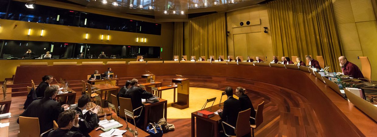 Courtroom of the european court with judges, lawyers and public